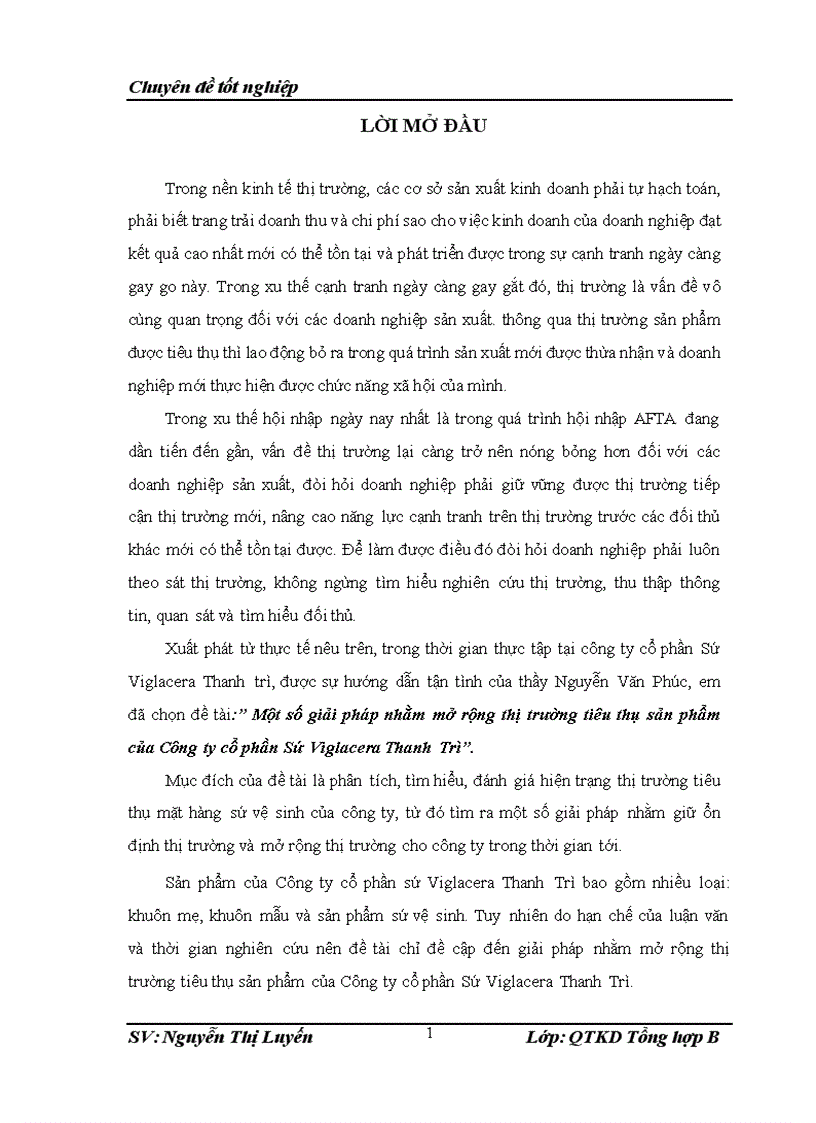 Một số giải pháp nhằm mở rộng thị trường tiêu thụ sản phẩm của Công ty cổ phần Sứ Viglacera Thanh Trì