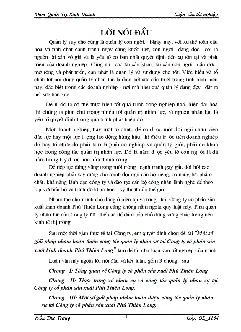 “Một số giải pháp nhằm hoàn thiện công tác quản lý nhân sự tại Công ty cổ phần sản xuất kinh doanh Phú Thiên Long