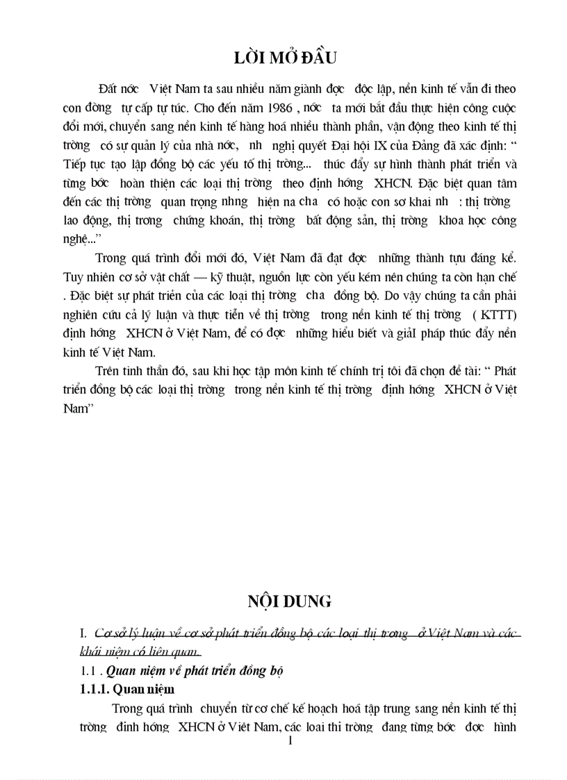 Phát triển đồng bộ các loại thị trường trong nền kinh tế thị trường định hướng XHCN  Việt Nam
