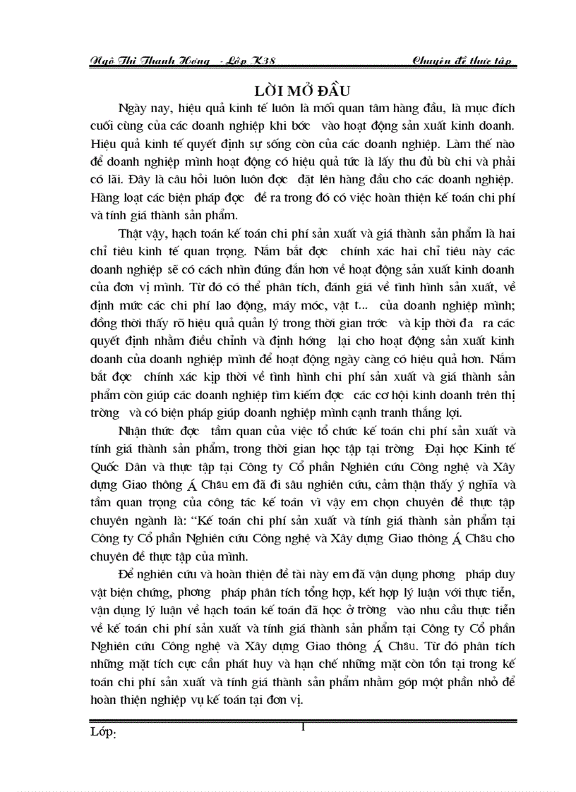 Kế toán chi phí sản xuất và tính giá thành sản phẩm tại Công ty Cổ phần Nghiên cứu Công nghệ và Xây dựng Giao thông á Châu
