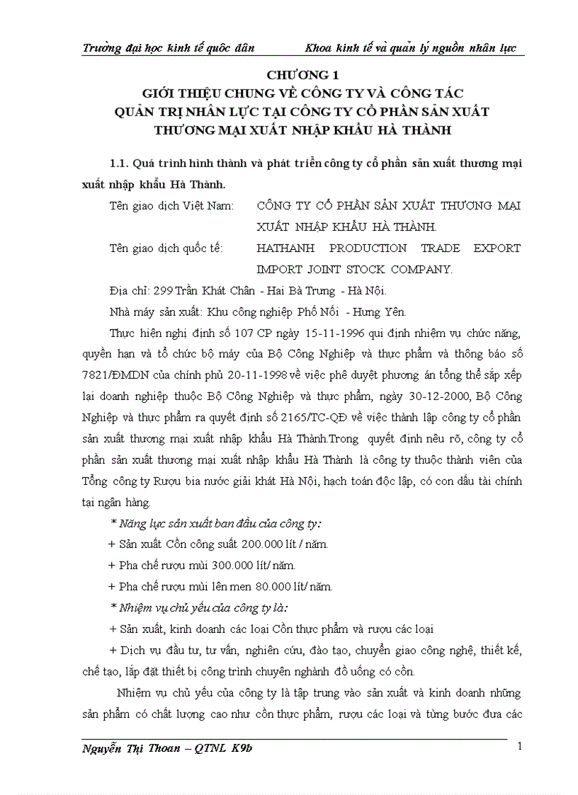 Giới thiệu chung về công ty và công tác quản trị nhân lực tại công ty cổ phần sản xuất thương mại xuất nhập khẩu hà thành