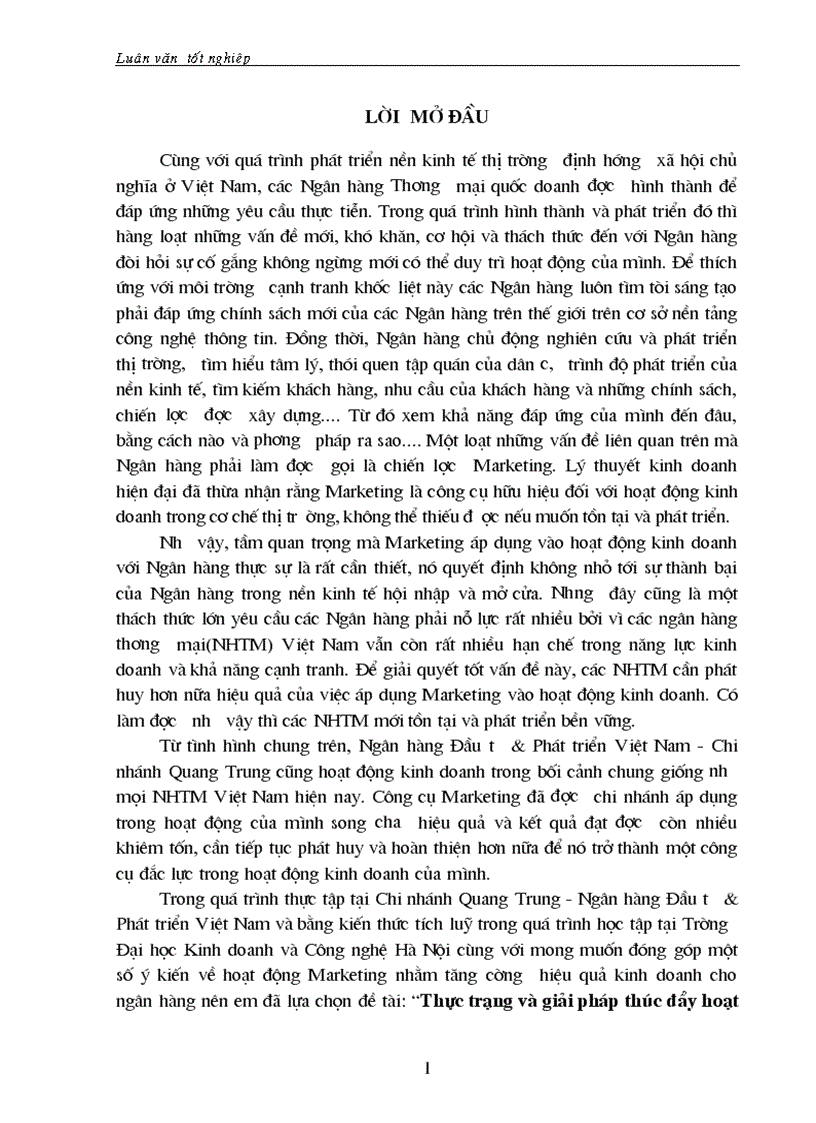Thực trạng và giải pháp thúc đẩy hoạt động Marketing tại Chi nhánh Quang Trung - Ngân hàng Đầu tư & Phát triển Việt Nam