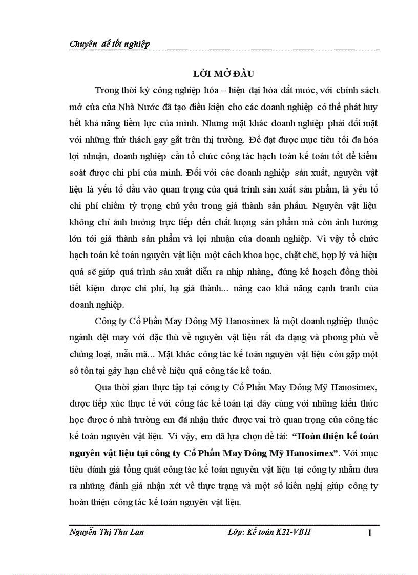 Hoàn thiện kế toán nguyên vật liệu tại công ty Cổ Phần May Đông Mỹ Hanosimex