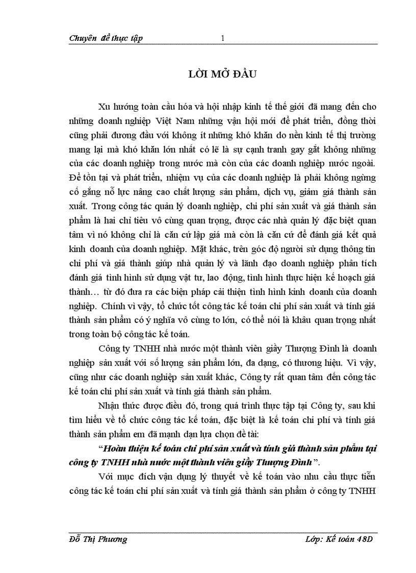 Hoàn thiện kế toán chi phí sản xuất và tính giá thành sản phẩm tại công ty TNHH nhà nước một thành viên giầy Thượng Đình
