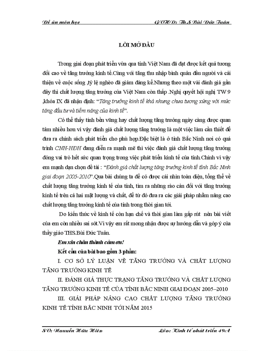 Đánh giá chất lượng tăng trưởng kinh tế tỉnh Bắc Ninh giai đoạn 2005-2010
