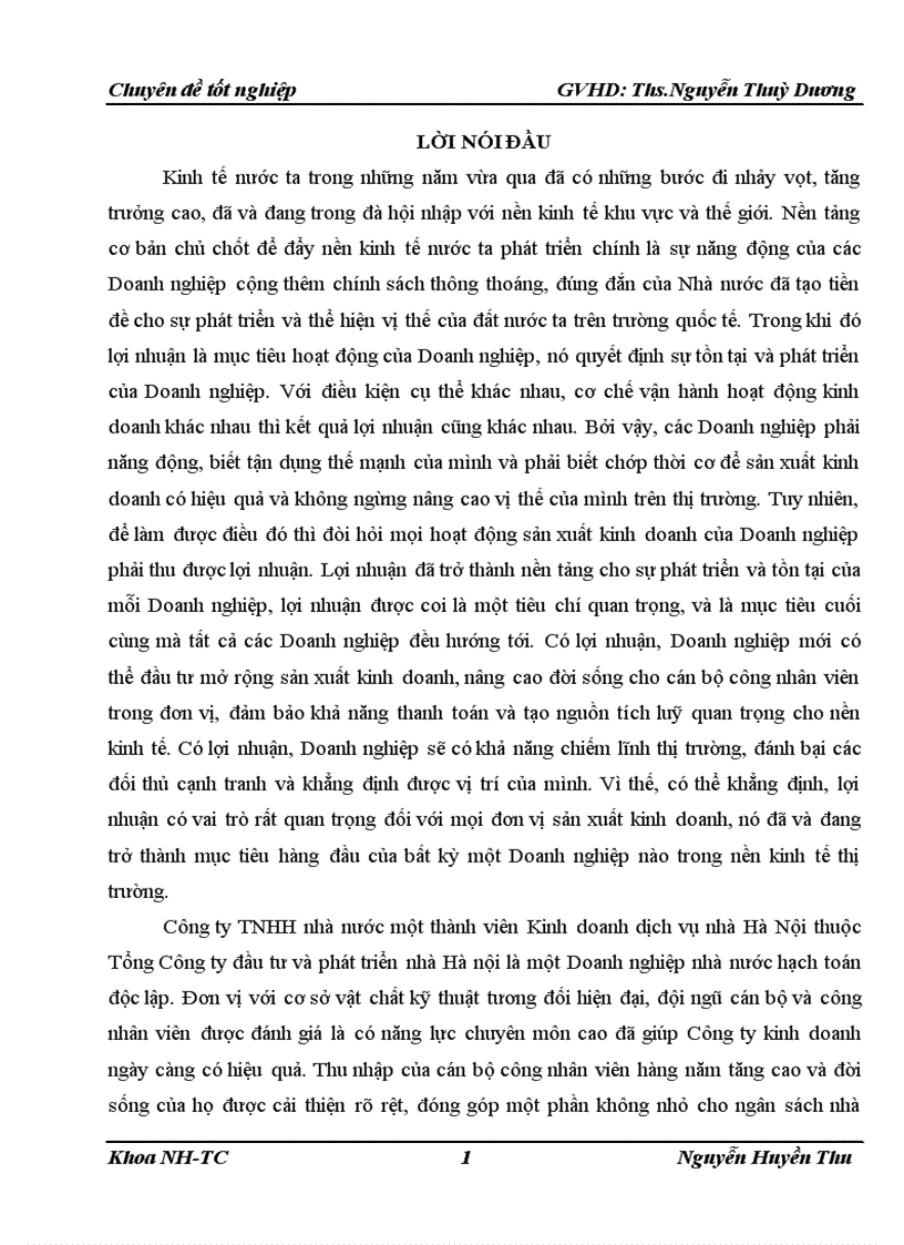 Lợi nhuận và các giải pháp gia tăng lợi nhuận tại Công ty TNHH nhà nước một thành viên Kinh doanh dịch vụ nhà Hà Nội
