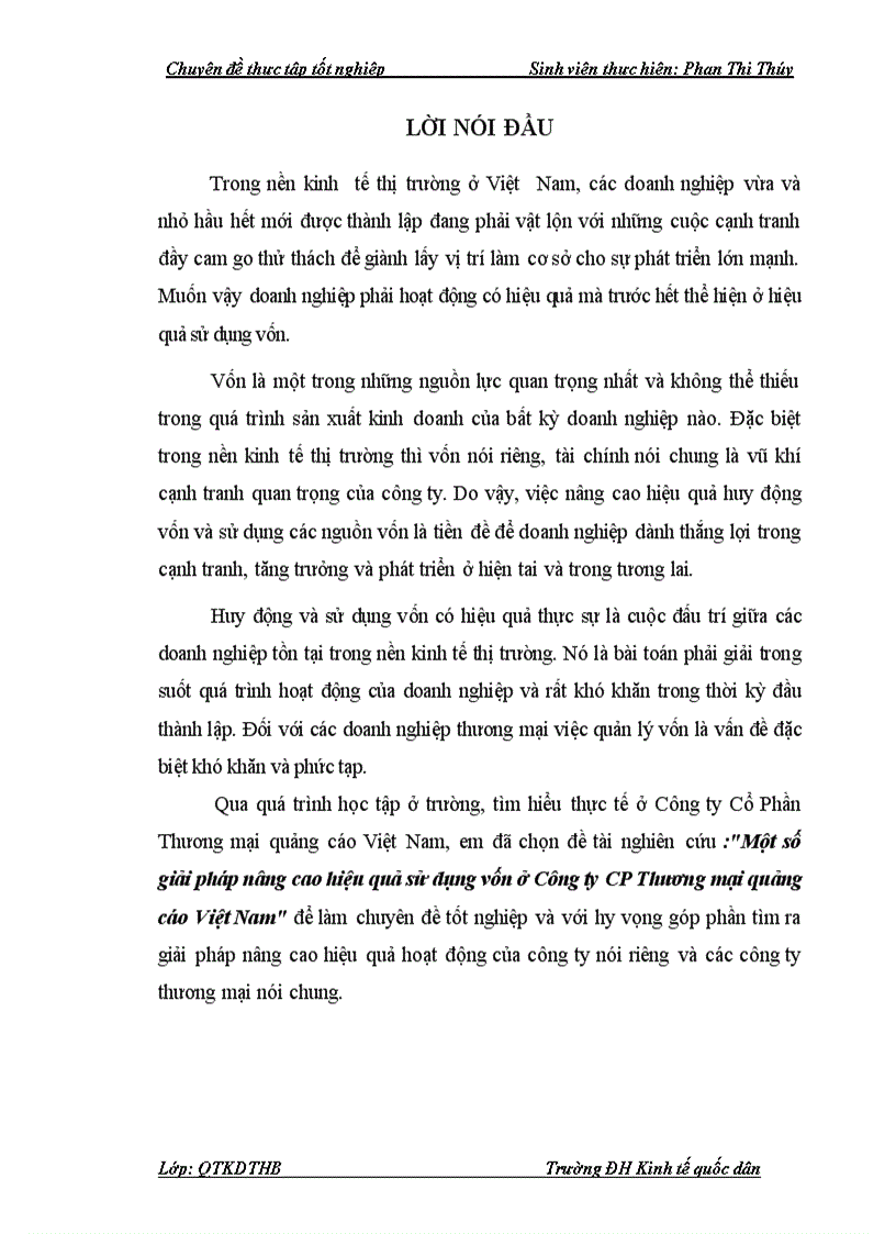 Một số giải pháp nâng cao hiệu quả sử dụng vốn ở Công ty CP Thương mại quảng cáo Việt Nam