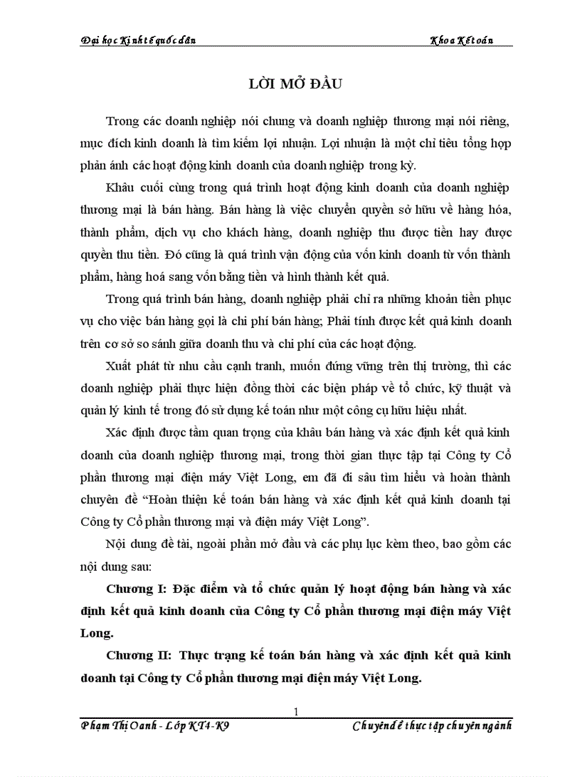 Hoàn thiện kế toán bán hàng và xác định kết quả kinh doanh tại Công ty Cổ phần thương mại và điện máy Việt Long