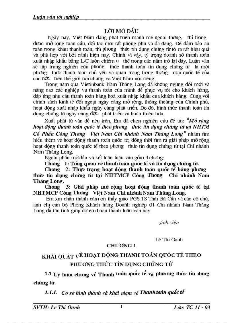 Mở rộng hoạt động thanh toán quốc tế theo phương thức tín dụng chứng từ tại NHTM Cổ Phần Công Thương Việt Nam Chi nhánh Nam Thăng Long”