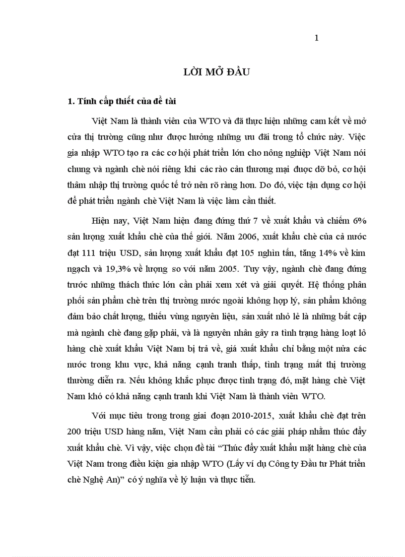 Thúc đẩy xuất khẩu mặt hàng chè của Việt Nam trong điều kiện gia nhập WTO (Lấy ví dụ Công ty Đầu tư Phát triển chè Nghệ An)