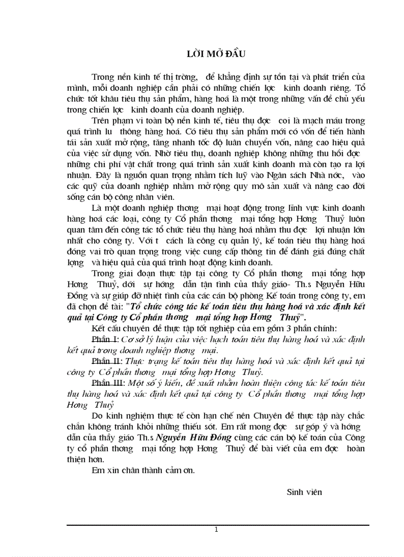 Tổ chức công tác kế toán tiêu thụ hàng hoá và xác định kết quả tại Công ty Cổ phần thương mại tổng hợp Hương Thuỷ