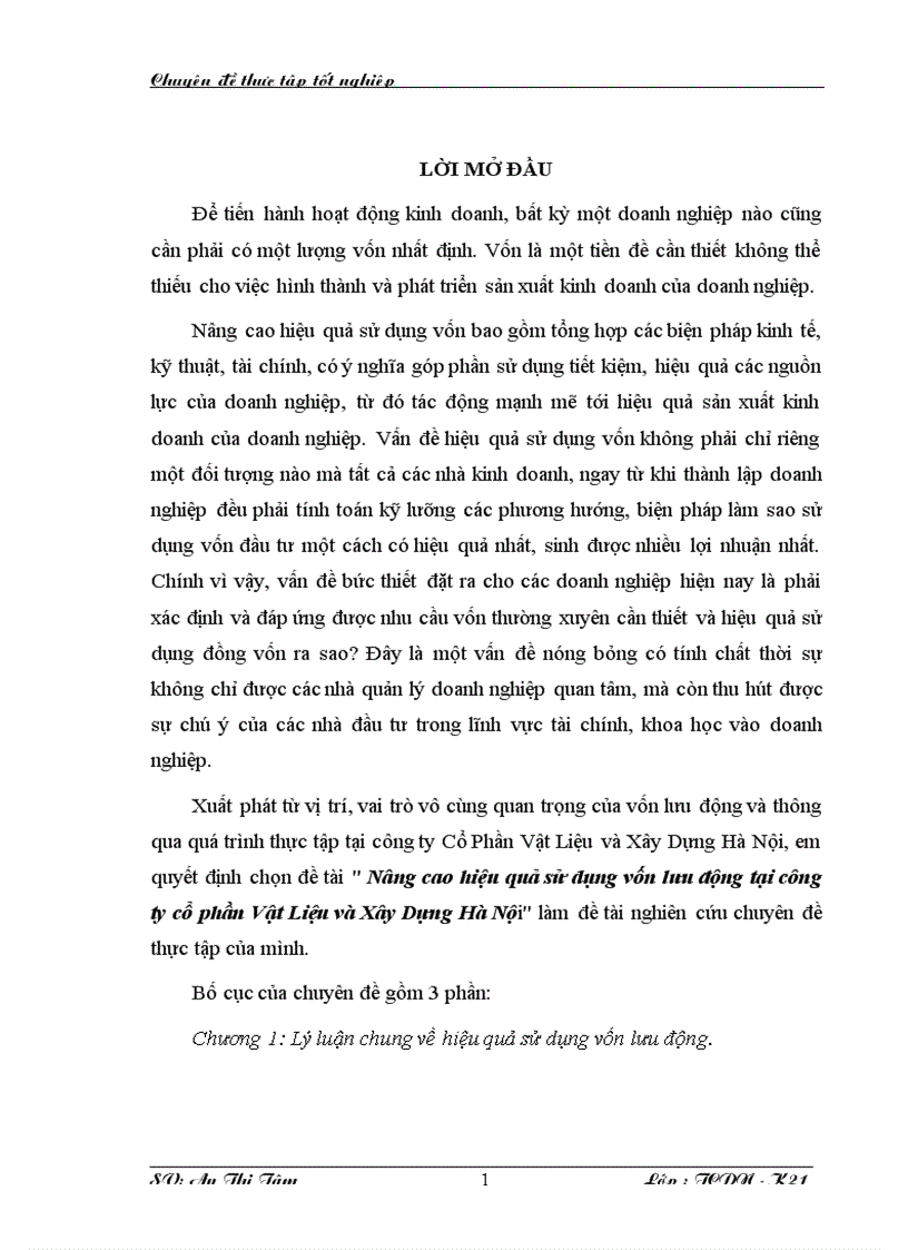Nâng cao hiệu quả sử dụng vốn lưu động tại công ty cổ phần Vật Liệu và Xây Dựng Hà Nội