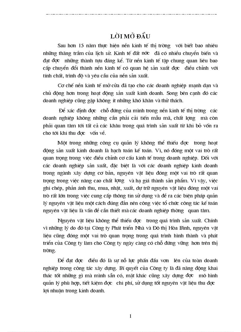 Hoàn  thiện công tác kế toán Nguyên Vật Liệu  ở Công ty Phát triển Nhà và Đô thị Hòa Bình