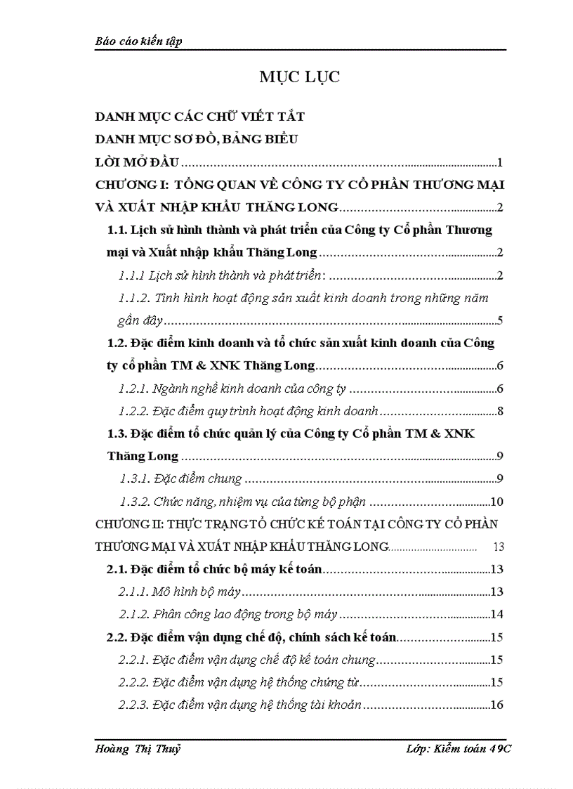 Báo cáo kiến tập: Công ty Cổ phần Thương mại và Xuất nhập khẩu Thăng Long
