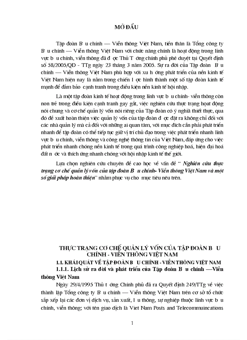 Nghiên cứu thực trạng cơ chế quản lý vốn của tập đoàn Bưu chính- Viễn thông Việt Nam và một số giải pháp hoàn thiện