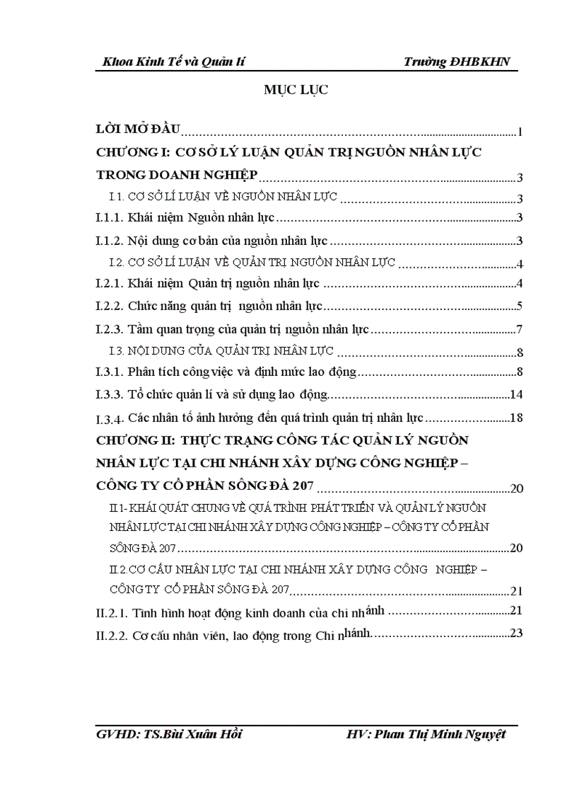 Thực trạng và giải pháp công tác quản lý nguồn nhân lực tại chi nhánh xây dựng công nghiệp – công ty cổ phần sông đà 207