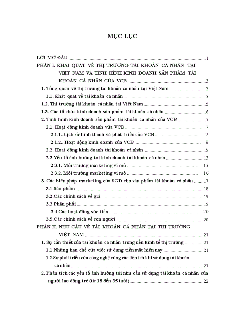 Nghiên cứu nhu cầu về tài khoản cá nhân và các biện pháp marketing cho SGD ngân hàng VCB để phát triển sản phẩm tài khoản cá nhân