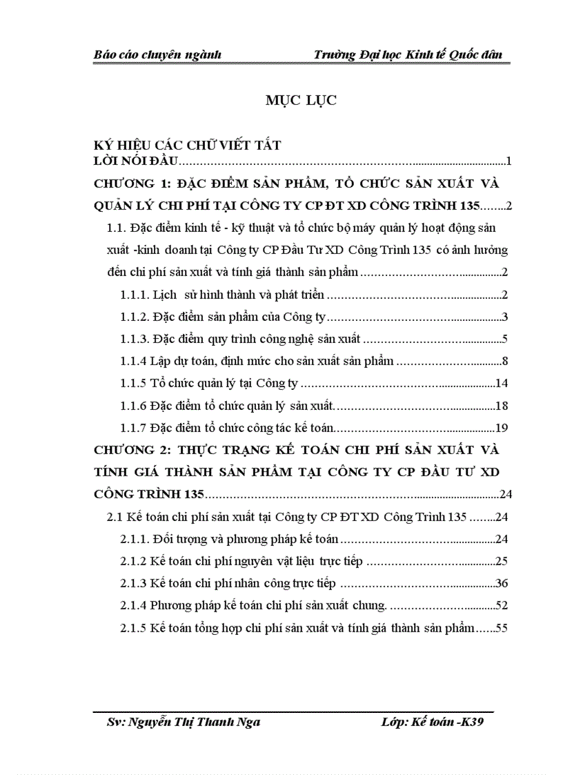 Hoàn thiện kế toán chi phí sản xuất và tính giá thành sản phẩm tại Công ty CP Đầu Tư XD Công Trình 135