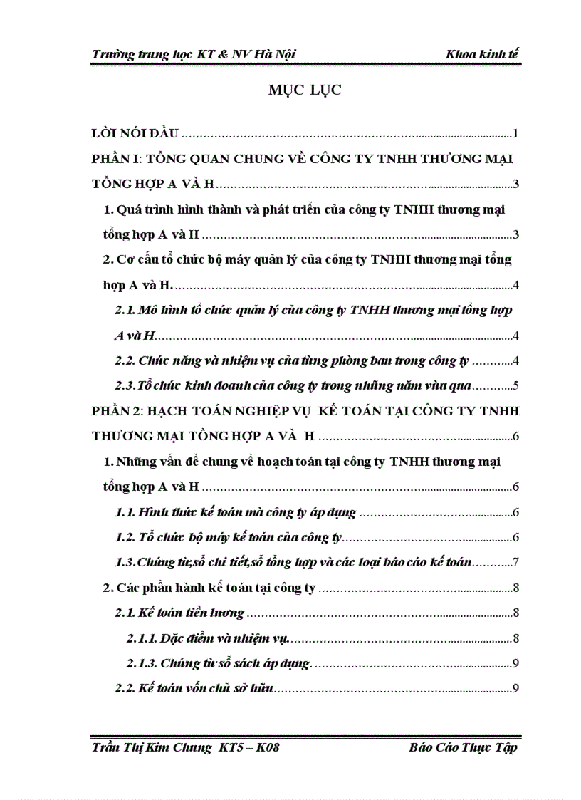 Hạch toán nghiệp vụ  kế toán tại công ty tnhh thương mại tổng hợp a và  h (Kế toán phần hành)