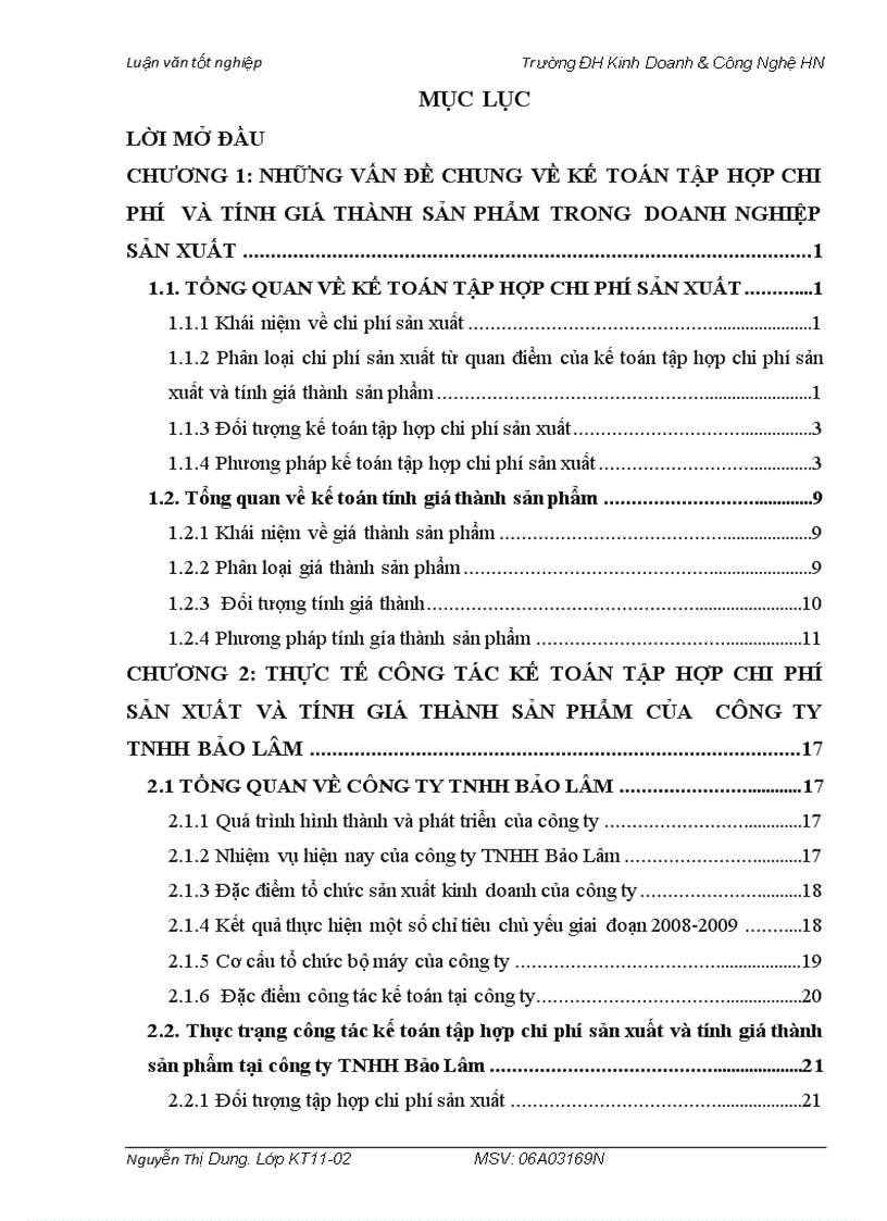 Thực tế công tác kế toán tập hợp chi phí sản xuất và tính giá thành sản phẩm của  công ty tnhh bảo lâm