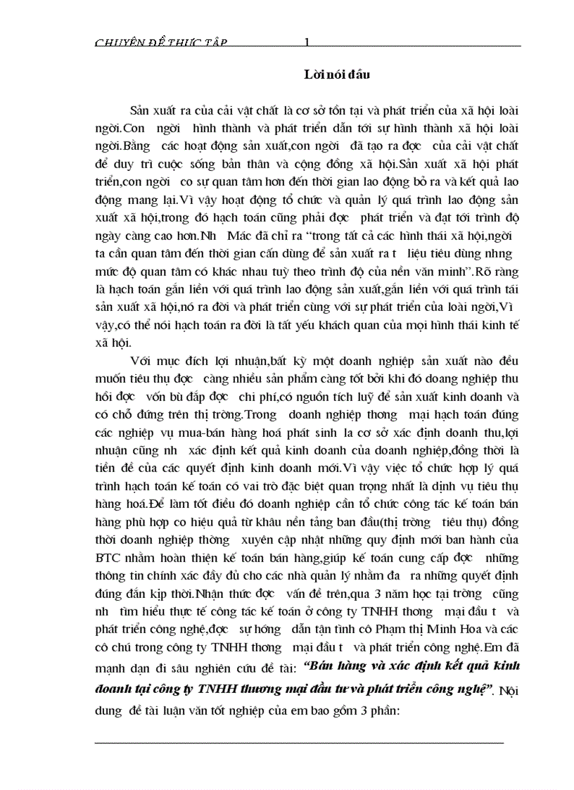 Bán hàng và xác định kết quả kinh doanh tại công ty TNHH thương mại đầu tư và phát triển công nghệ