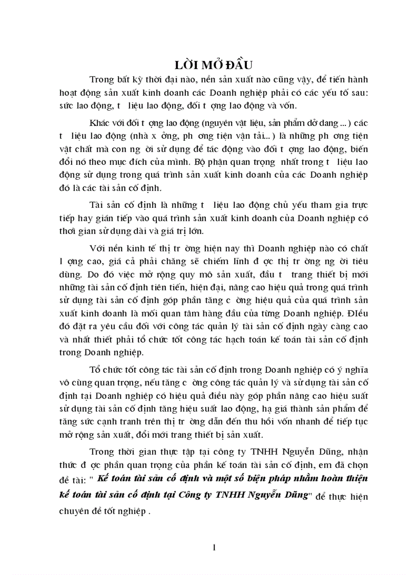 Kế toán tài sản cố định và một số biện pháp nhằm hoàn thiện kế toán tài sản cố định tại Công ty TNHH Nguyễn Dũng