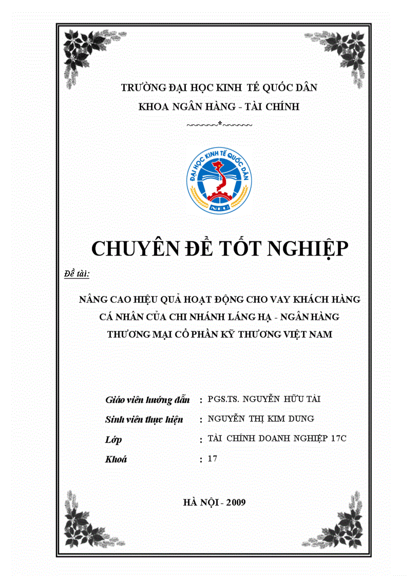 Nâng cao hiệu quả hoạt động cho vay khách hàng cá nhân của Chi nhánh Láng Hạ - ngân hàng thương mại cổ phần kỹ thương Việt Nam