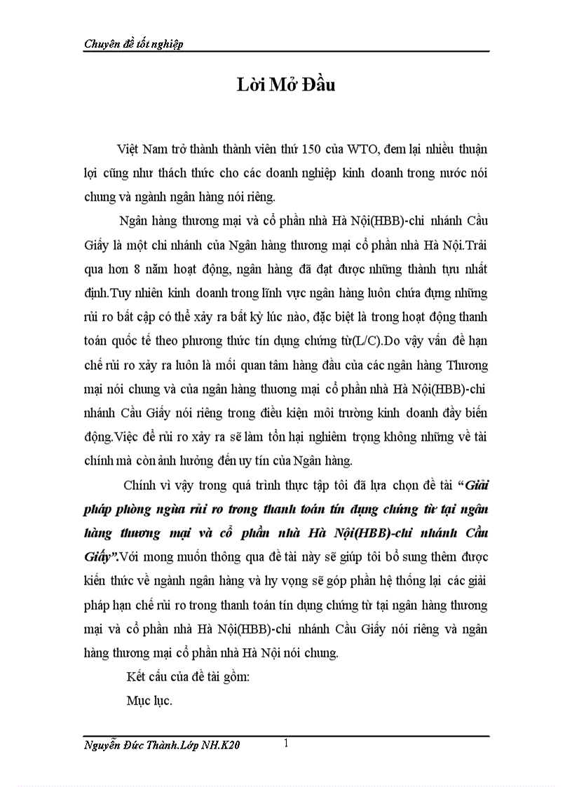 Giải pháp phòng ngừa rủi ro trong thanh toán tín dụng chứng từ tại ngân hàng thương mại và cổ phần nhà Hà Nội(HBB)-chi nhánh Cầu Giấy