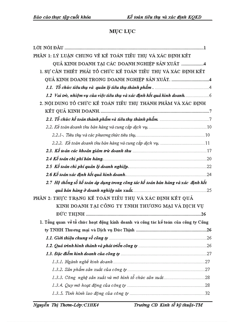 Kế toán tiêu thụ và Xác định kết quả Kinh doanh tại Công ty TNHH Thương mại và Dịch vụ Đức Thịnh