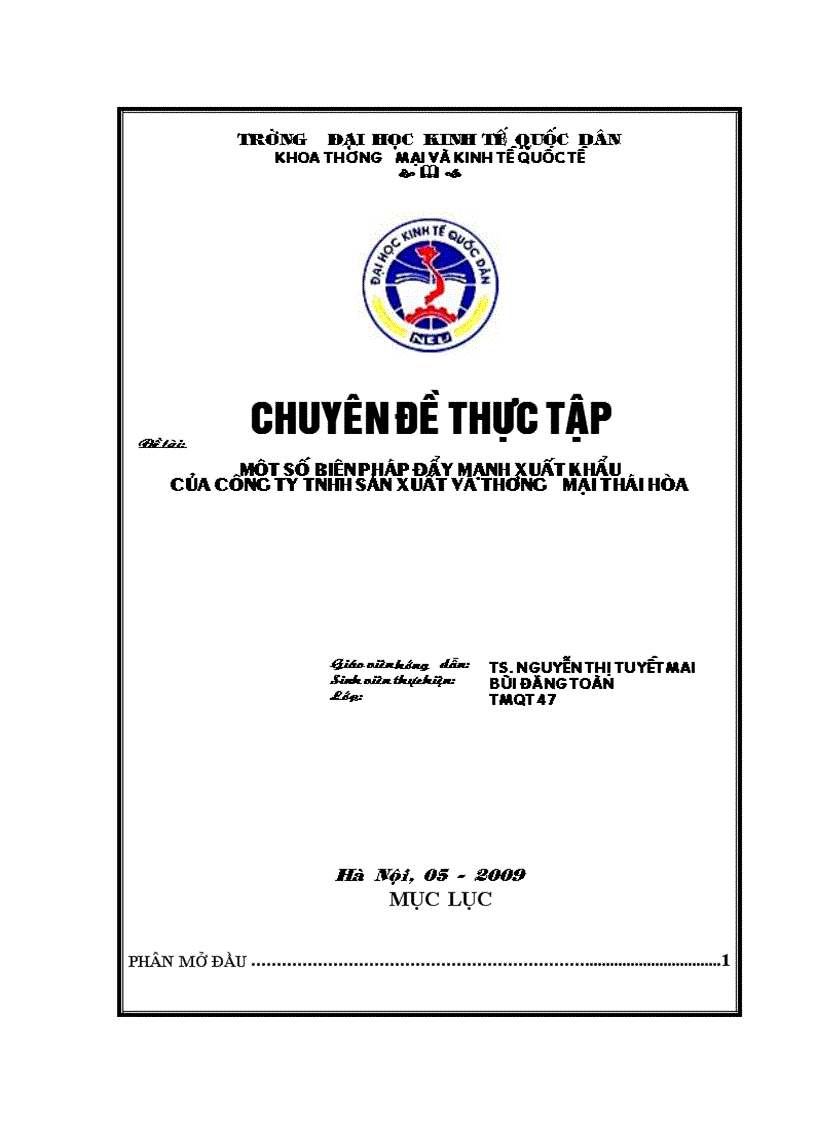 Một số biện pháp đẩy mạnh xuất khẩu cà phê tại công ty TNHH sản xuất và thương mại Thái Hòa