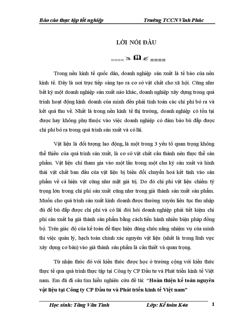 BCTH: Hoàn thiện kế toán nguyên vật liệu tại Công ty CP Đầu tư và Phát triển kinh tế Việt nam
