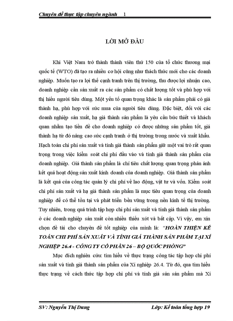 Hoàn thiện kế toán chi phí sản xuất và tính giá thành sản phẩm tại xí nghiệp 26.4 - công ty cồ phần 26 – bộ quốc phòng
