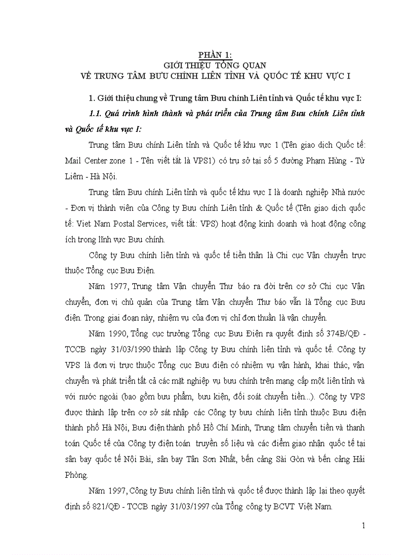Thực trạng hiệu quả kinh doanh của trung tâm bưu chính liên tỉnh và quốc tế khu vực i trong thời gian vừa qua