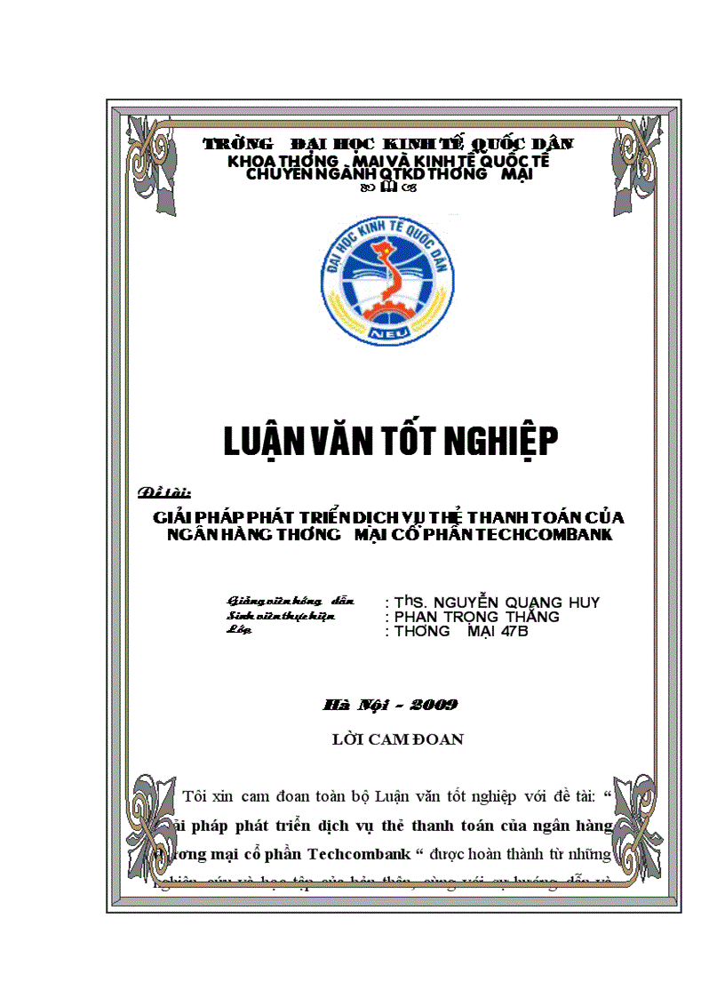 Giải pháp phát triển dịch vụ thẻ thanh toán của ngân hàng thương mại cổ phần Techcombank