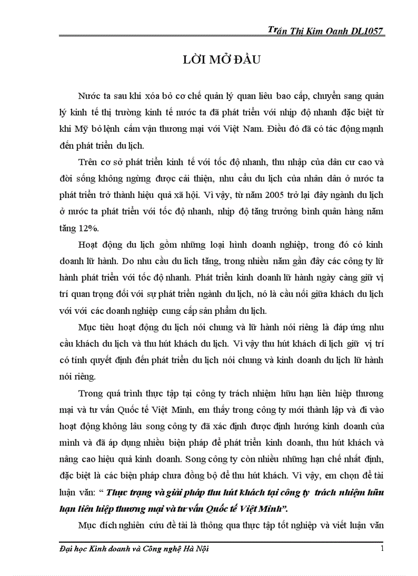 Thực trạng và giải pháp thu hút khách tại công ty  trách nhiệm hữu hạn liên hiệp thương mại và tư vấn Quốc tế Việt Minh