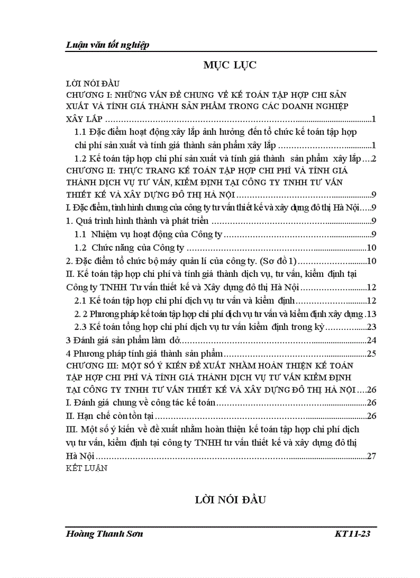 Kế toán tập hợp chi phí và tính giá thành dịch vụ tư vấn, kiểm định tại Công ty TNHH Tư vấn thiết kế và xây dựng đô thị Hà nội
