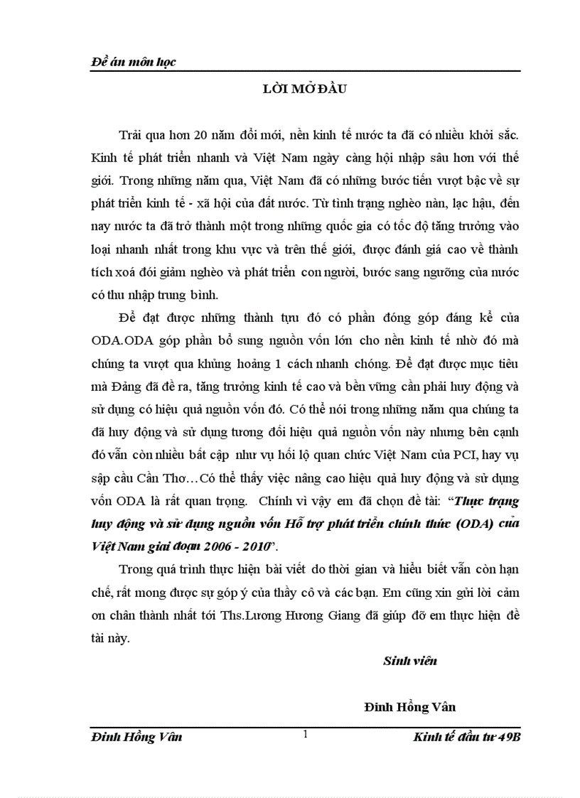 Thực trạng huy động và sử dụng nguồn vốn Hỗ trợ phát triển chính thức (ODA) của Việt Nam giai đoạn 2006 - 2010
