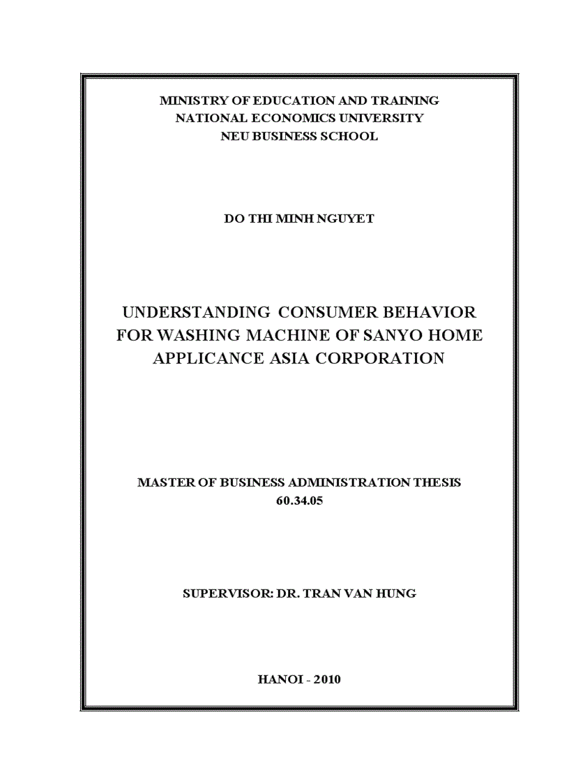 Tiếng anh: UNDERSTANDING CONSUMER BEHAVIOR FOR WASHING MACHINE OF SANYO HOME APPLICANCE ASIA CORPORATION