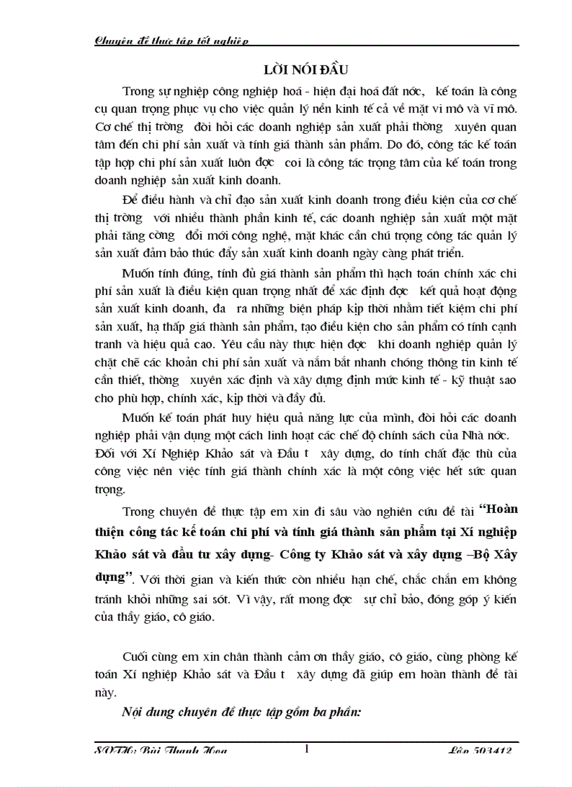 Hoàn thiện công tác kế toán chi phí và tính giá thành sản phẩm tại Xí nghiệp Khảo sát và đầu tư xây dựng- Công ty Khảo sát và xây dựng –Bộ Xây dựng