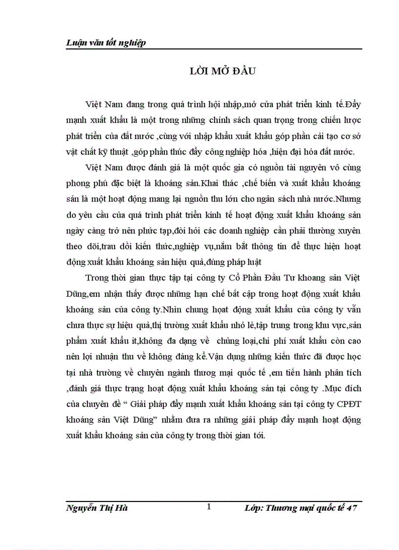 Thực trạng họat động xuất khẩu khoáng sản của công ty CPĐT khoáng sản Việt Dũng