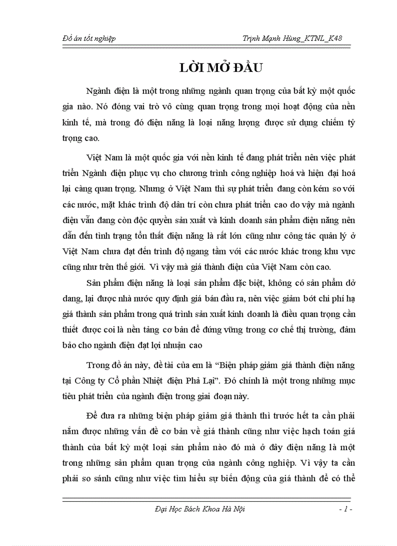 Biện pháp giảm giá thành điện năng tại Công ty Cổ phần Nhiệt Điện Phả Lại