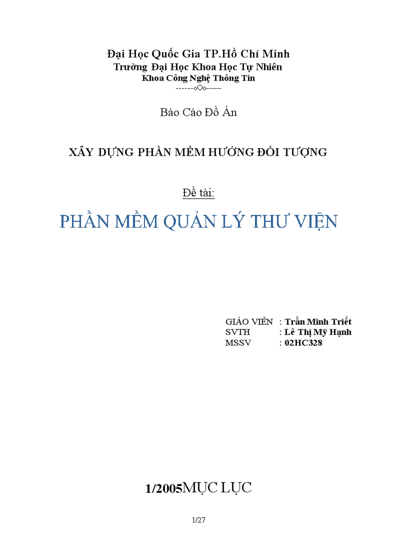 Đồ án: Đối tượng quản lý thư viện (Báo cáo)