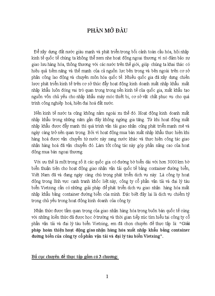 Giải pháp hoàn thiện hoạt động giao nhận hàng hóa xuất nhập khẩu bằng container đường biển của công ty cổ phần vận tải và đại lý tàu biển Vietsing