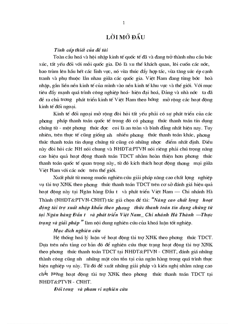 Nâng cao chất lượng hoạt động tài trợ xuất nhập khẩu theo phương thức thanh toán tín dụng chứng từ tại Ngân hàng Đầu tư và phát triển Việt Nam_ Chi nhánh Hà Thành – Thực trạng và giải pháp