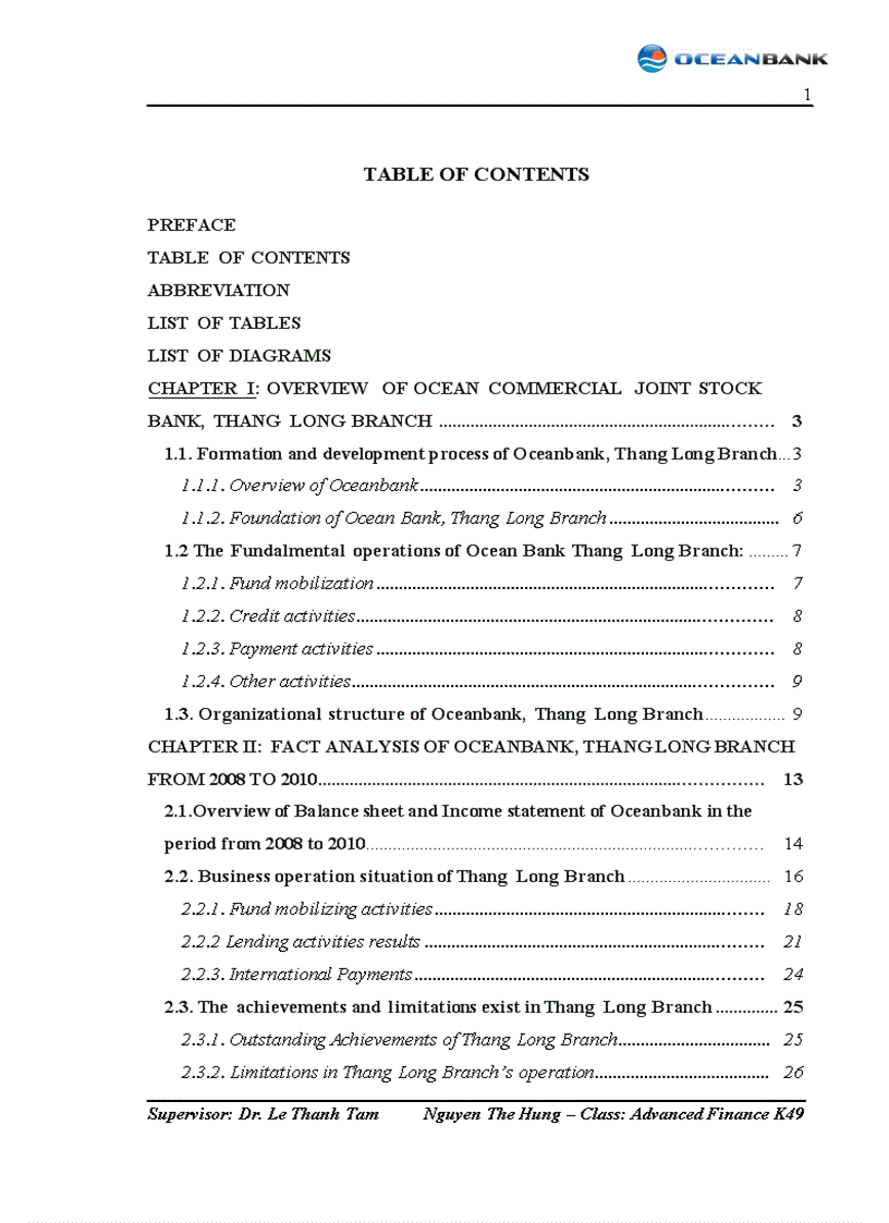 Fact analysis of oceanbank, thang long branch from 2008 to 2010