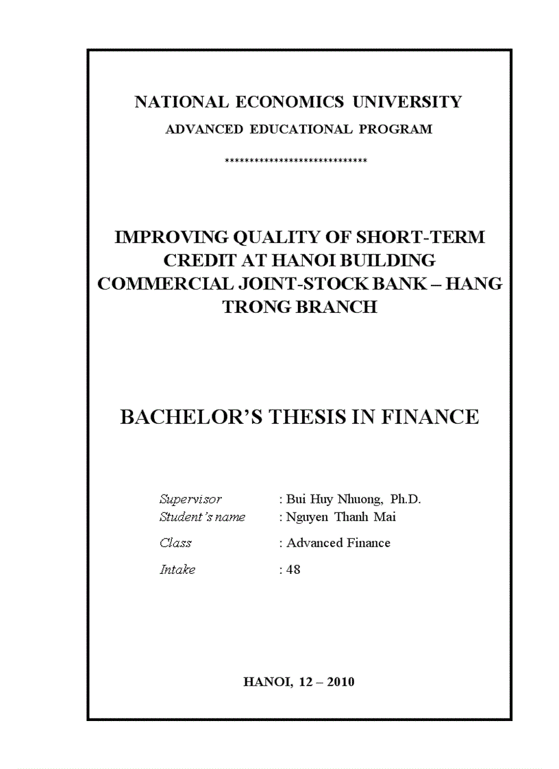 Improving quality of short-term credit at hanoi building commercial joint-stock bank – hang trong branch