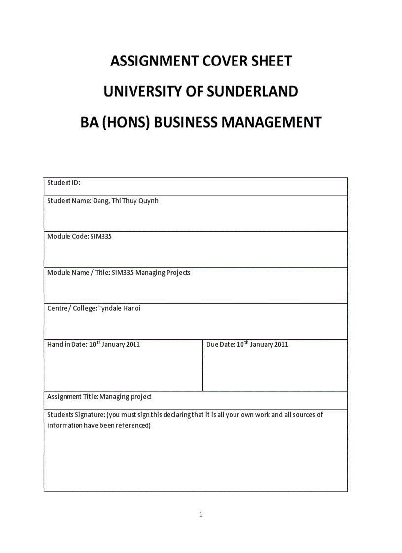 Assignment cover sheet university of sunderland ba (hons) business management