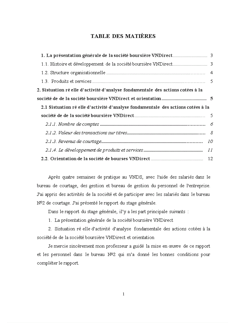 Sistuation ré elle d’activité d’analyse fondamentale des actions cotées à la société de de la société boursière vndirect et orientation