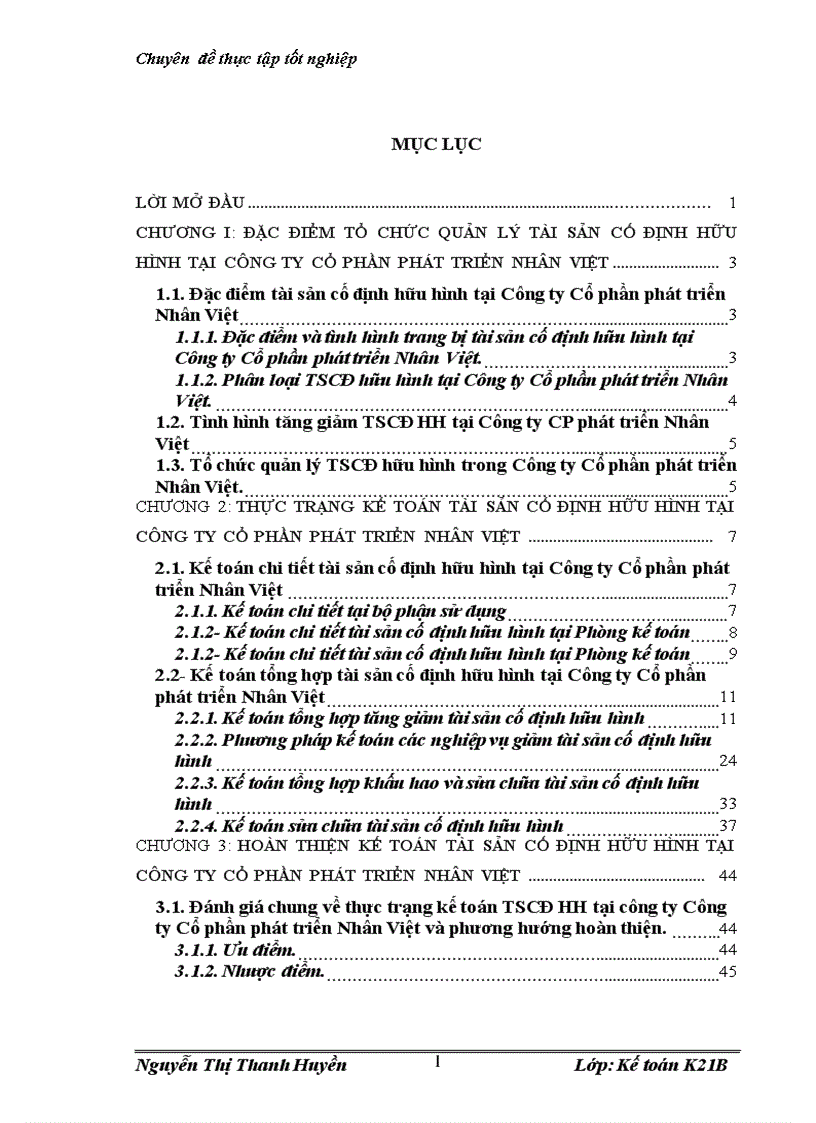 Hoàn thiện kế toán tài sản cố định hữu hình tại Công ty Cổ phần phát triển Nhân Việt