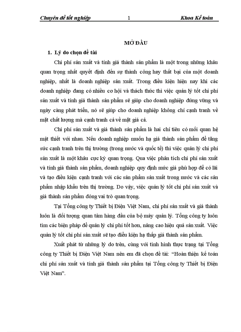 Hoàn thiện kế toán chi phí sản xuất và tính giá thành sản phẩm tại Tổng Công ty Thiết bị Điện Việt Nam